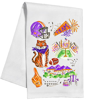 Handpainted Orange & Purple Clemson Football Icons Tea Towel