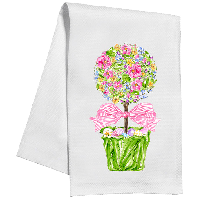 Handpainted Spring Floral Topiary in Cabbage Pot Tea Towel
