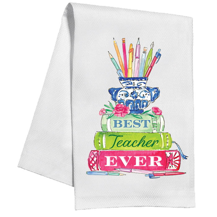 Handpainted Best Teacher Ever Book Stack with Pencil Cup Tea Towel