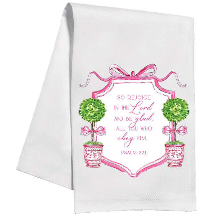 Handpainted Joy Pink Crest with Topiary Tea Towel
