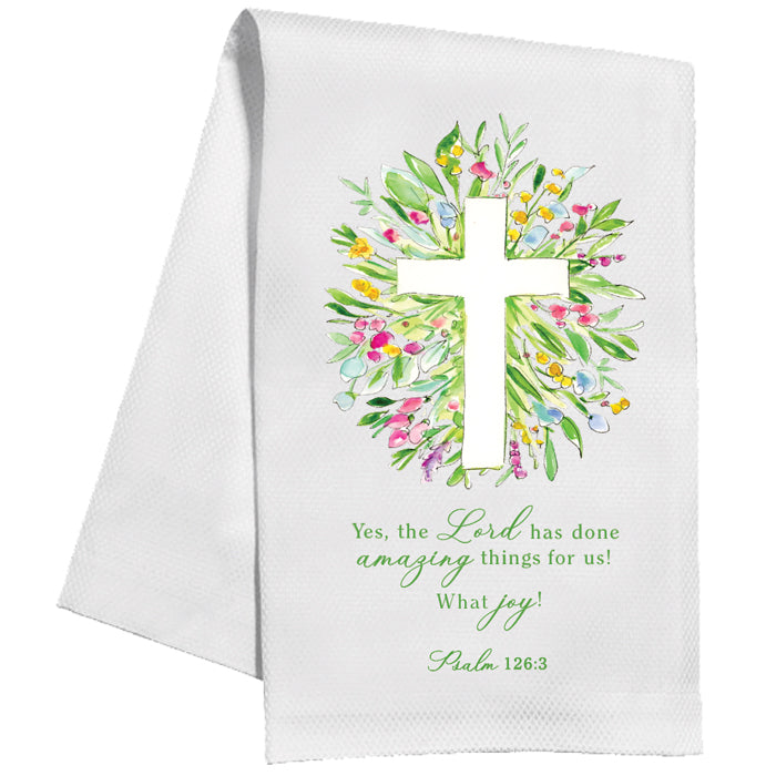 Handpainted Friendship Cross in Spring Flowers Tea Towel