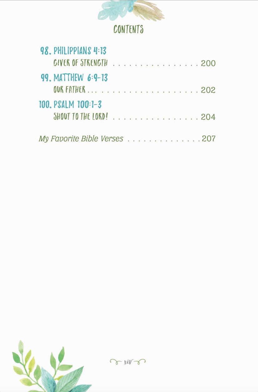 Table of contents page with Bible verse references on a white background