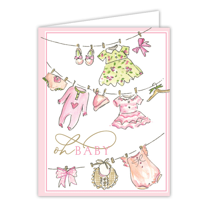 Oh Baby Handpainted Pink Baby Clothesline Greeting Card