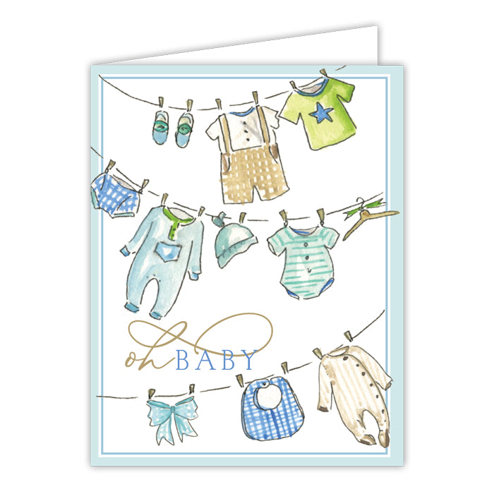 Oh Baby Handpainted Blue Baby Clothesline Greeting Card
