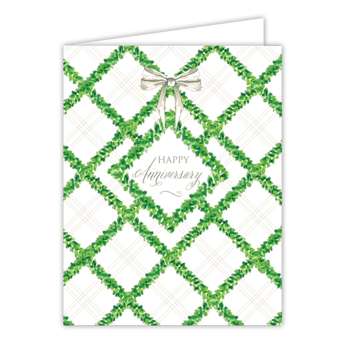 Happy Anniversary Boxwood Trellis with White Bow Greeting Card