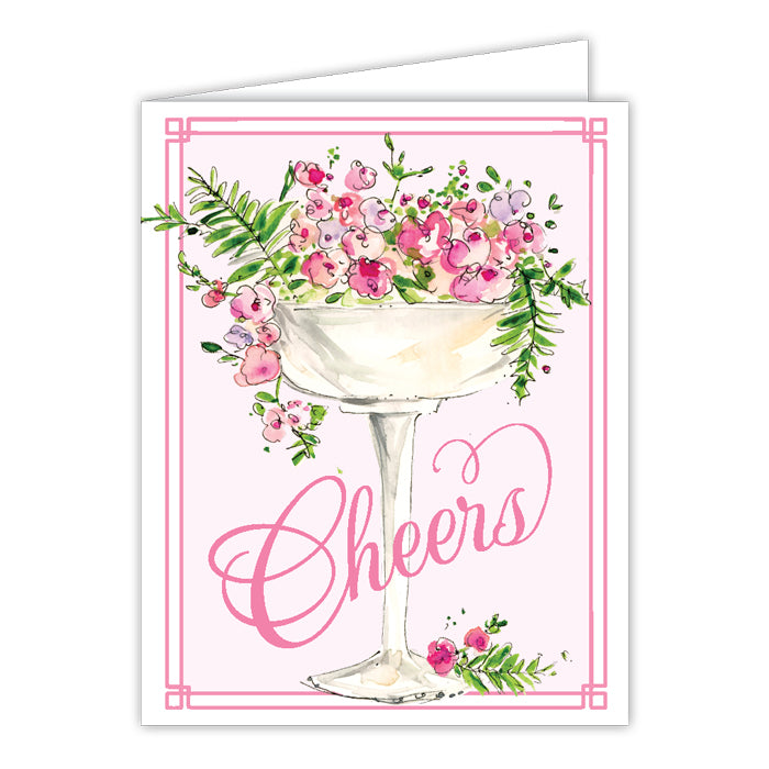 Handpainted Cheers Champagne Glass Filled with Flowers Greeting Card