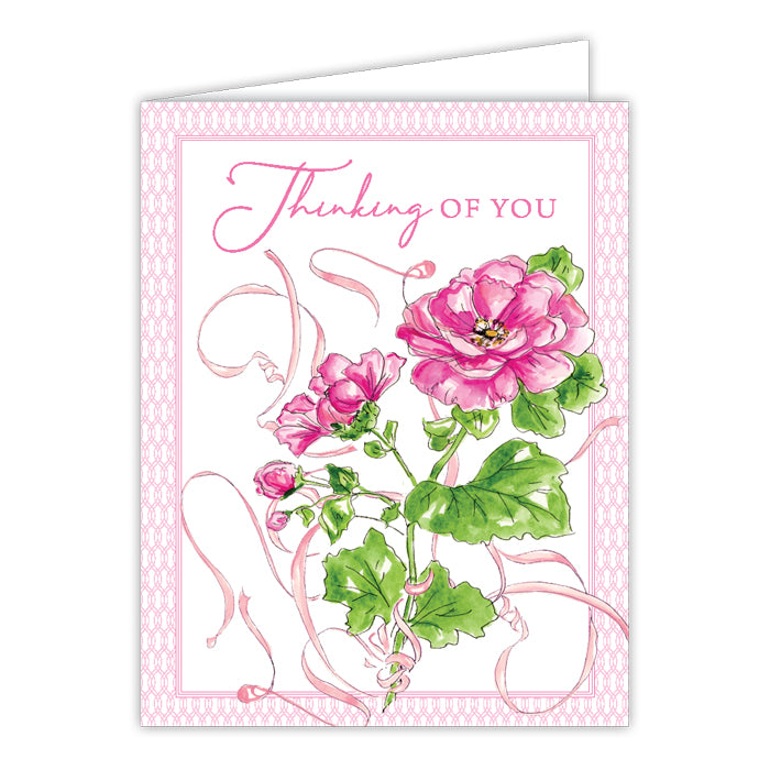 Thinking of you Pink Flowers Handpainted Greeting Card