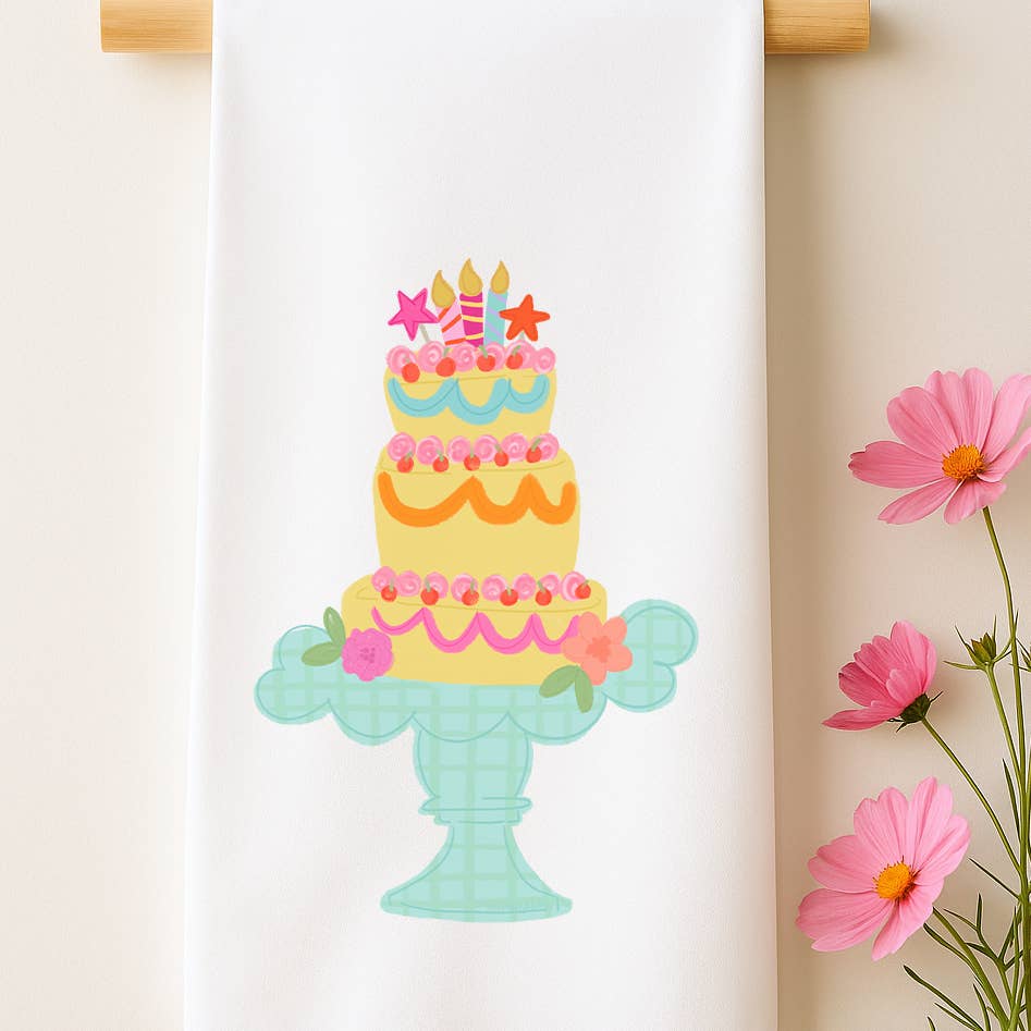 Colorful Birthday Cake Scallop Tea Towel