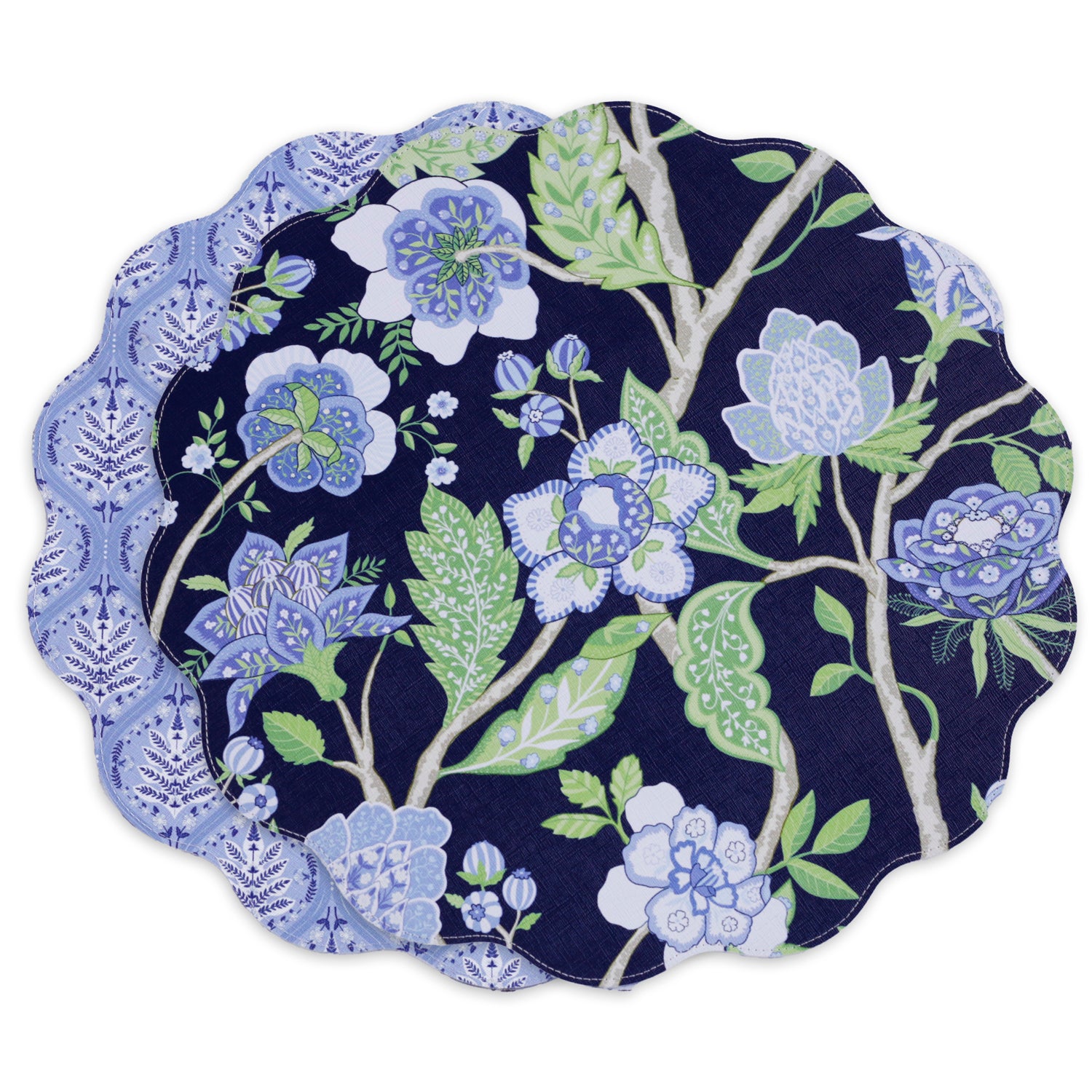 VIDA Blooms & Branches Reversible Round Placemats (Navy and Green)