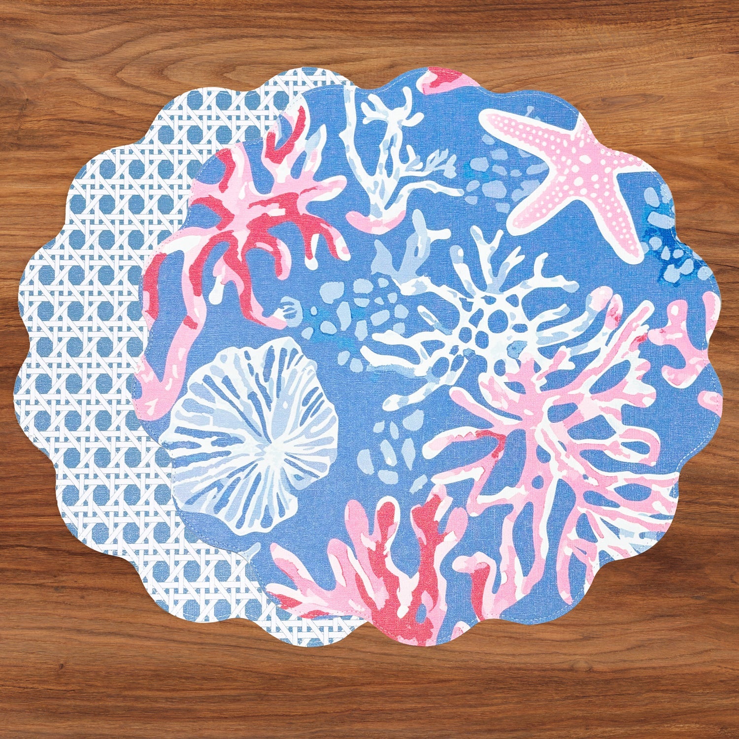 VIDA Sealife and Rattan Reversible Round Placemats Set of 4 Blue & Pink