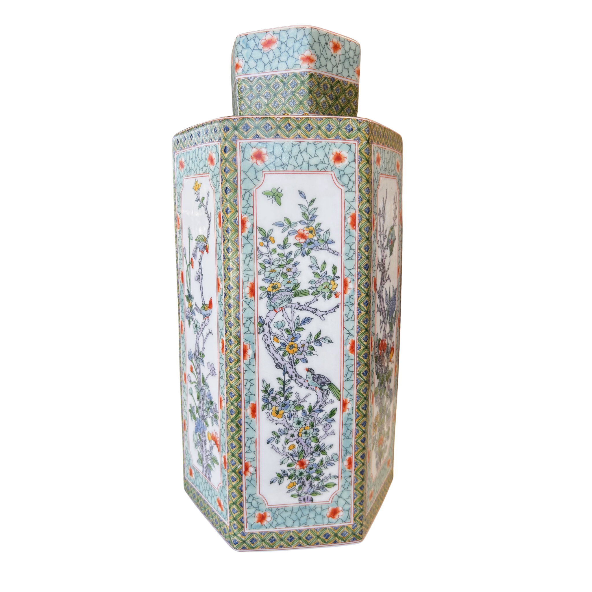Celadon Garden Hexagonal Canister, 14.5"