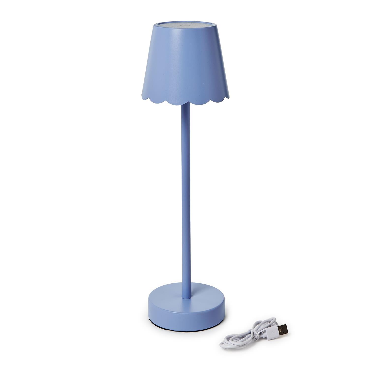 Blue LED Portable Cordless Table Lamp with Scalloped Edge Shade