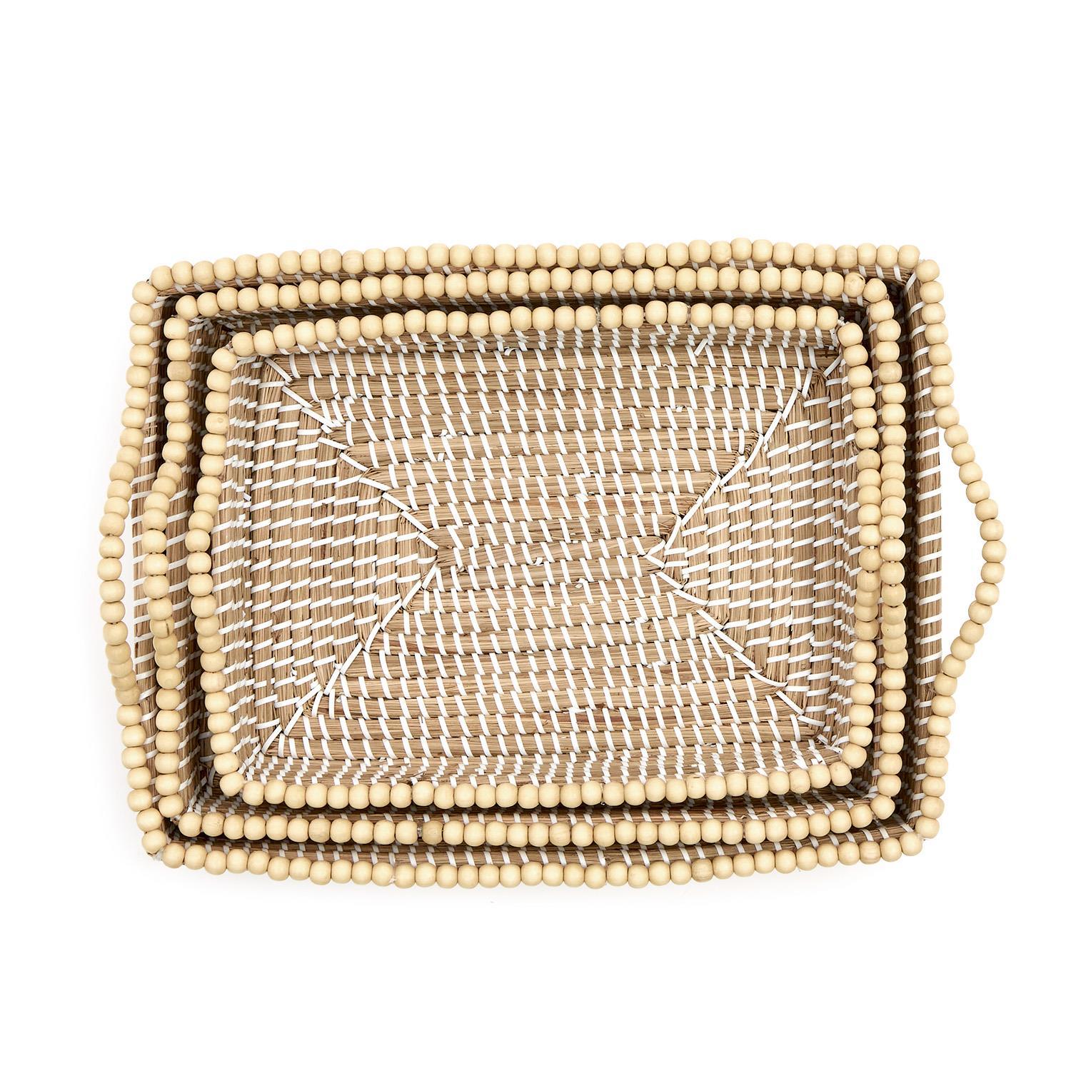 Natural Seagrass Rectangle Tray with Wooden Bead Accent