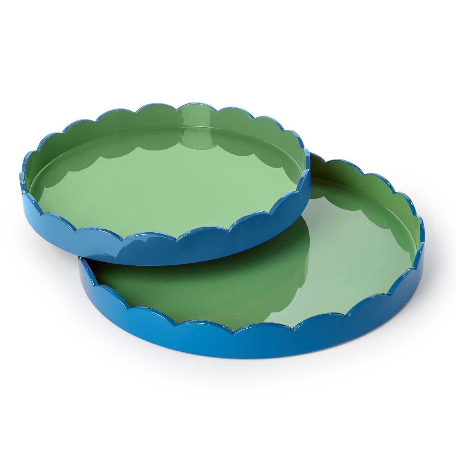 Large Scalloped Blue and Green Dual Tone Lacquered Tray