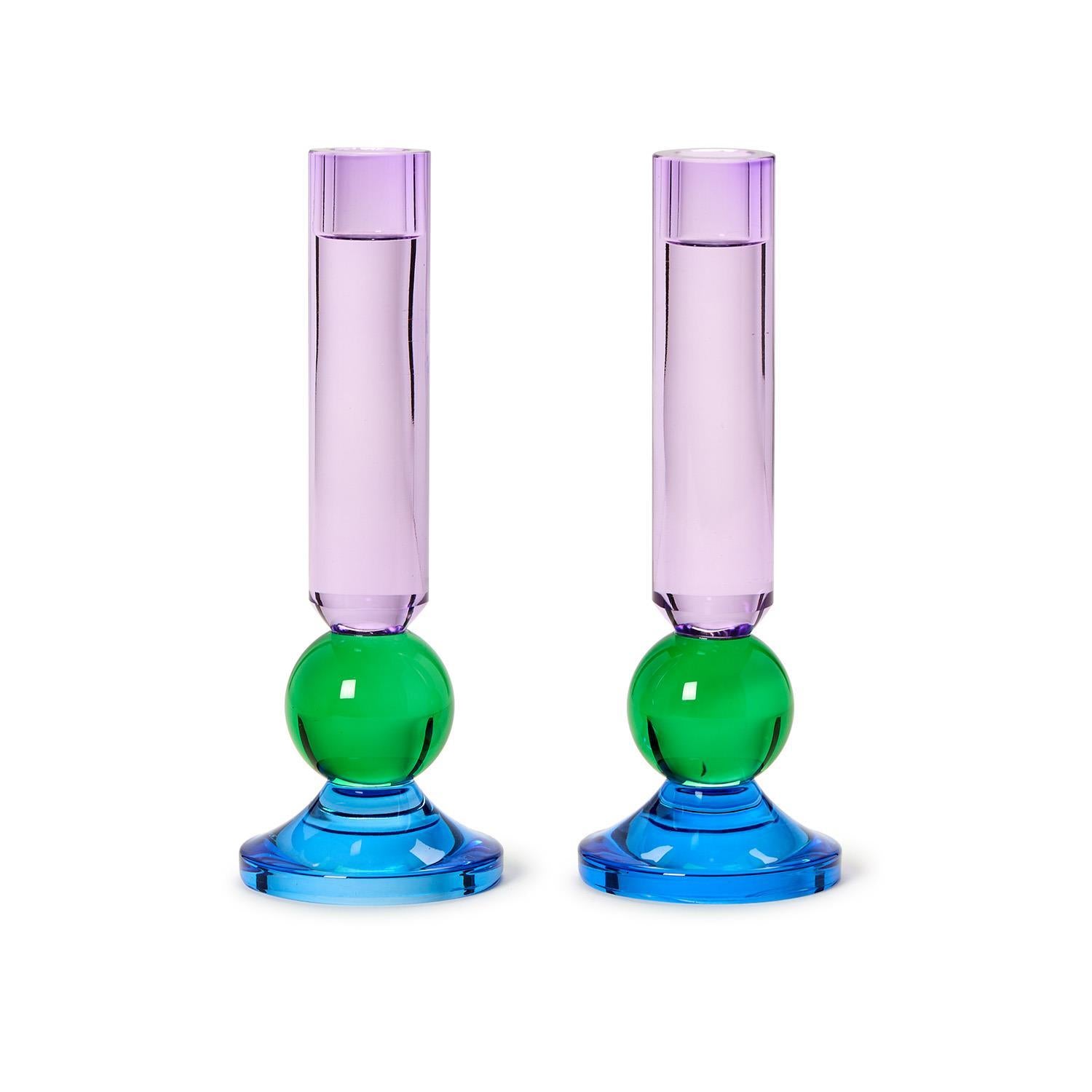 Set of 2 Glass Taper Candlestick Candleholders