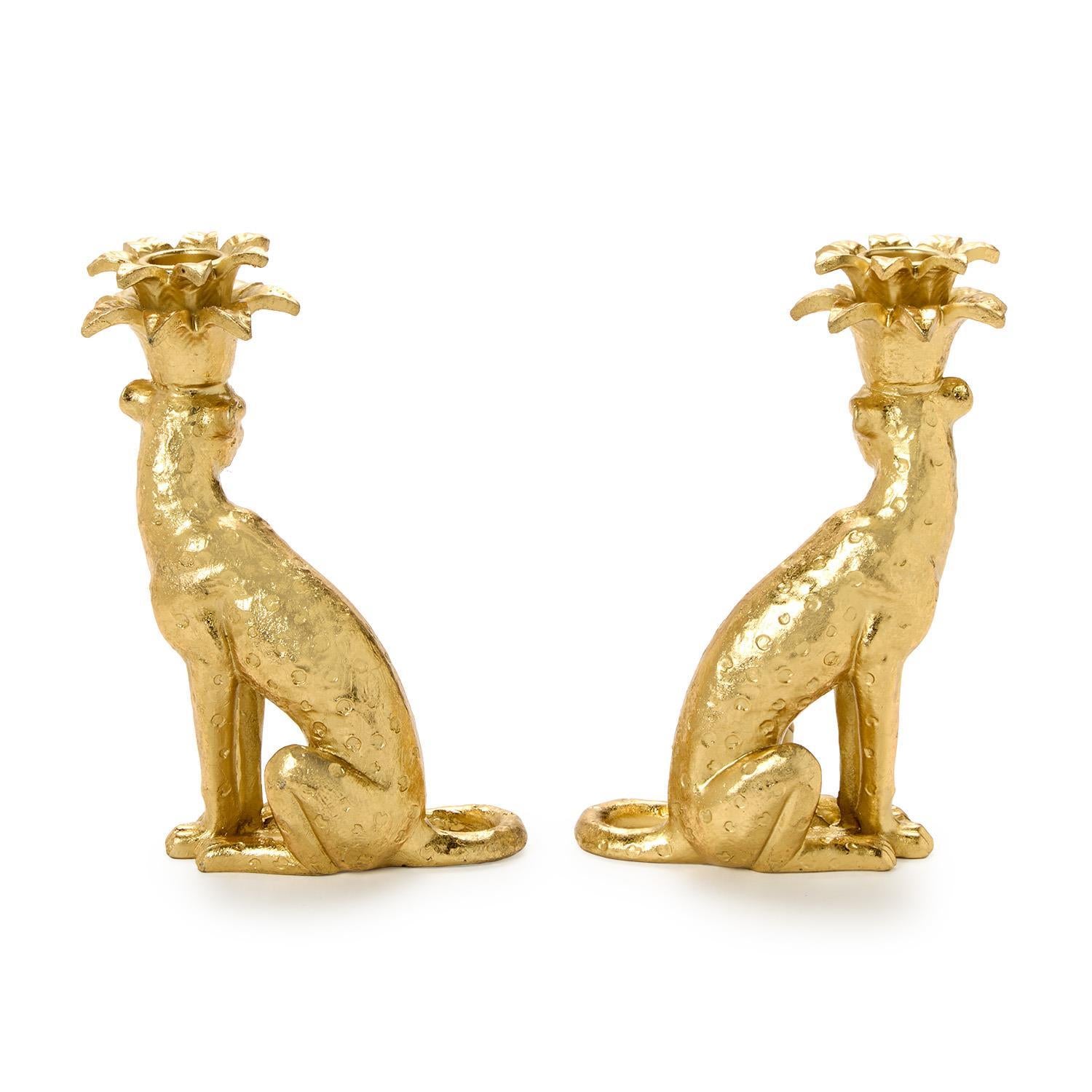 Gold Leopard Taper Candlestick Candleholders | Set of 2