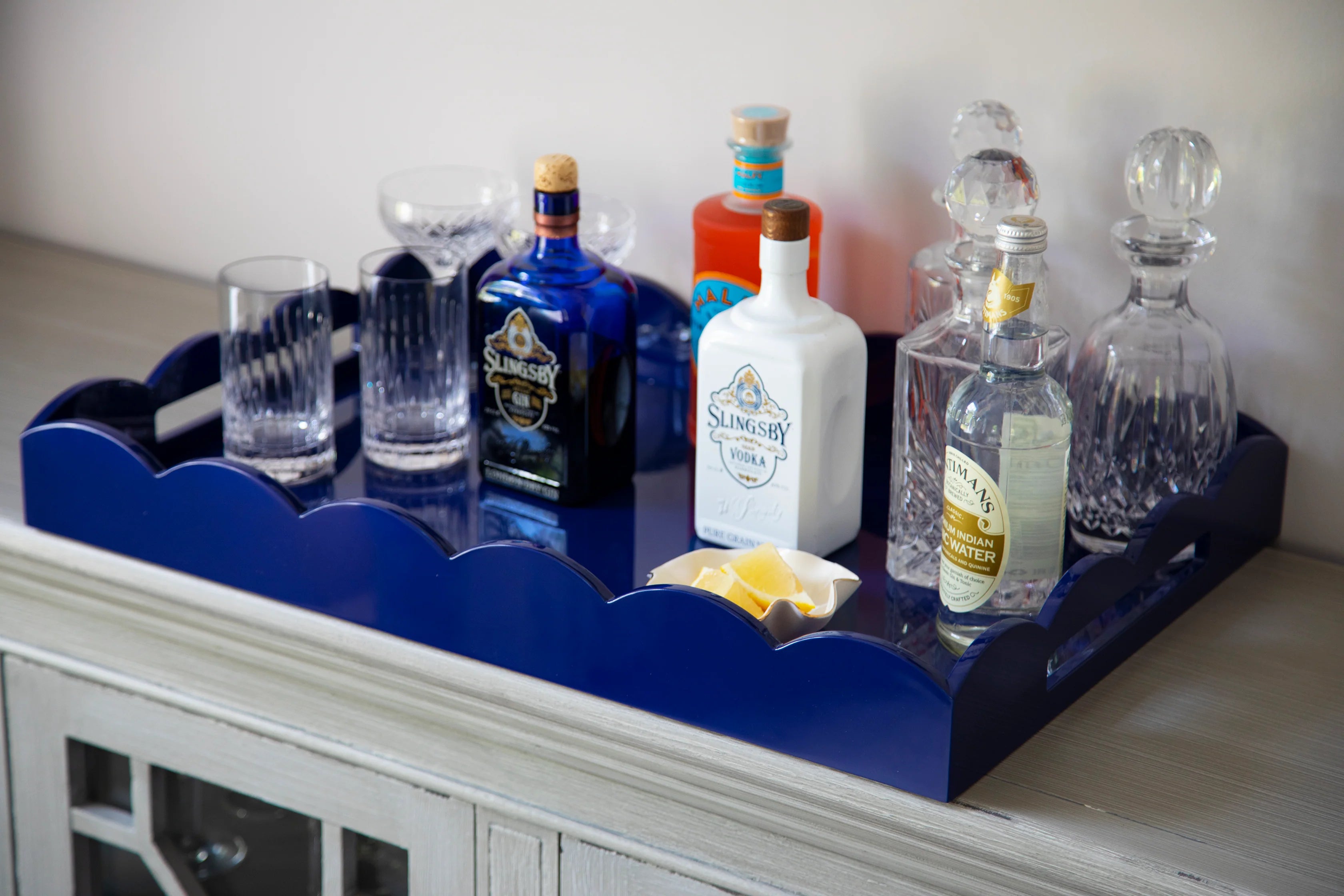 Navy Large Lacquered Scallop Ottoman Tray