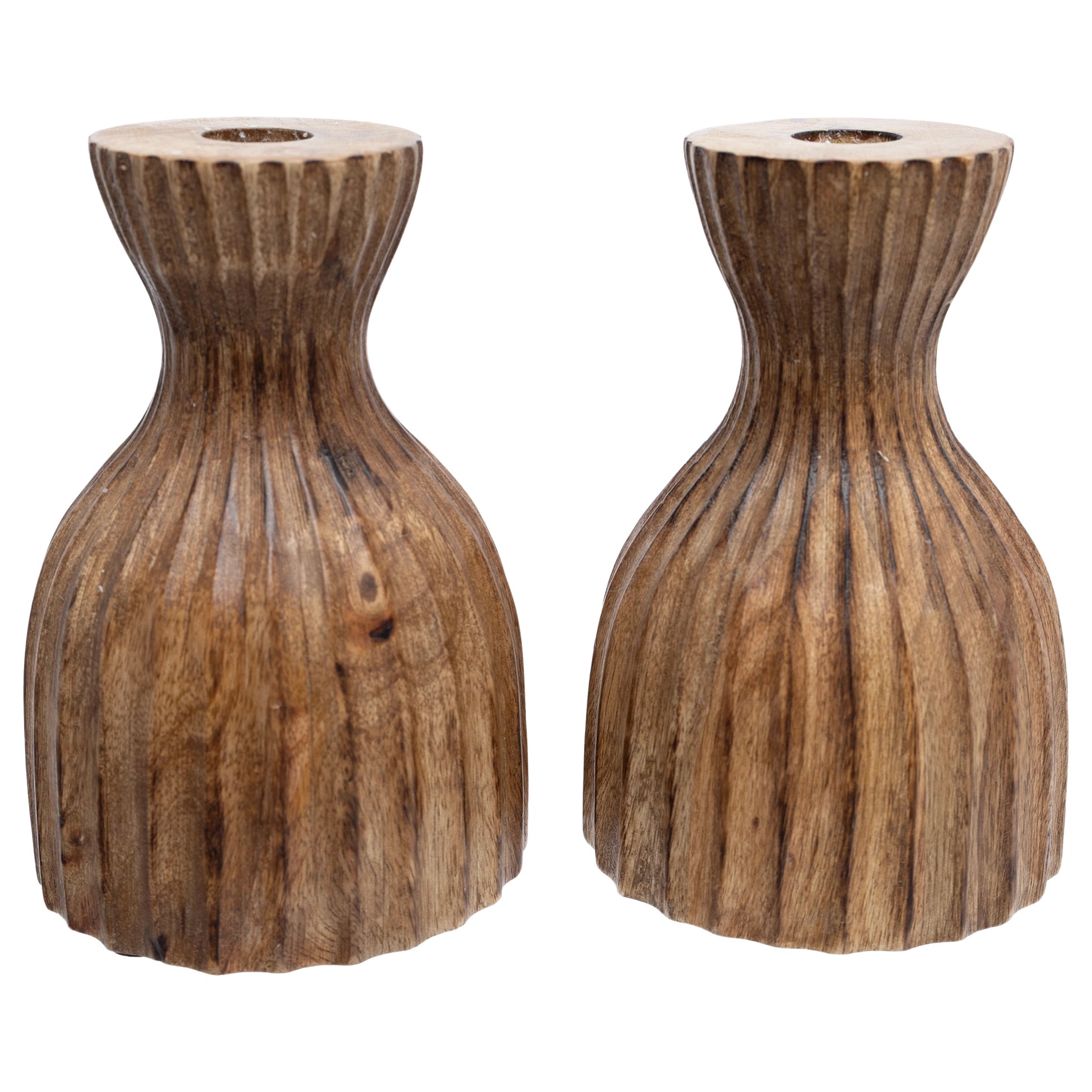 Ribbed Mango Wood Candlestick | Set of 2