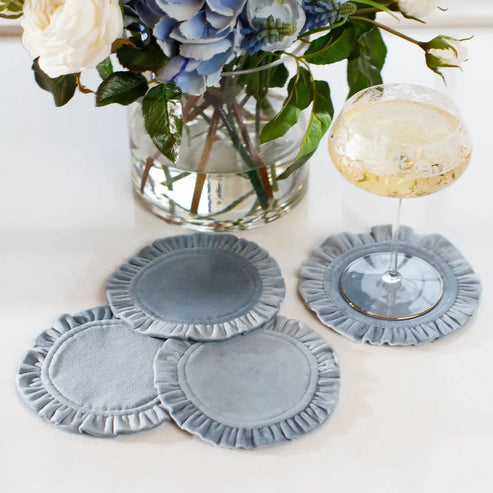 Light Blue Velvet Round Ruffle Coaster Set