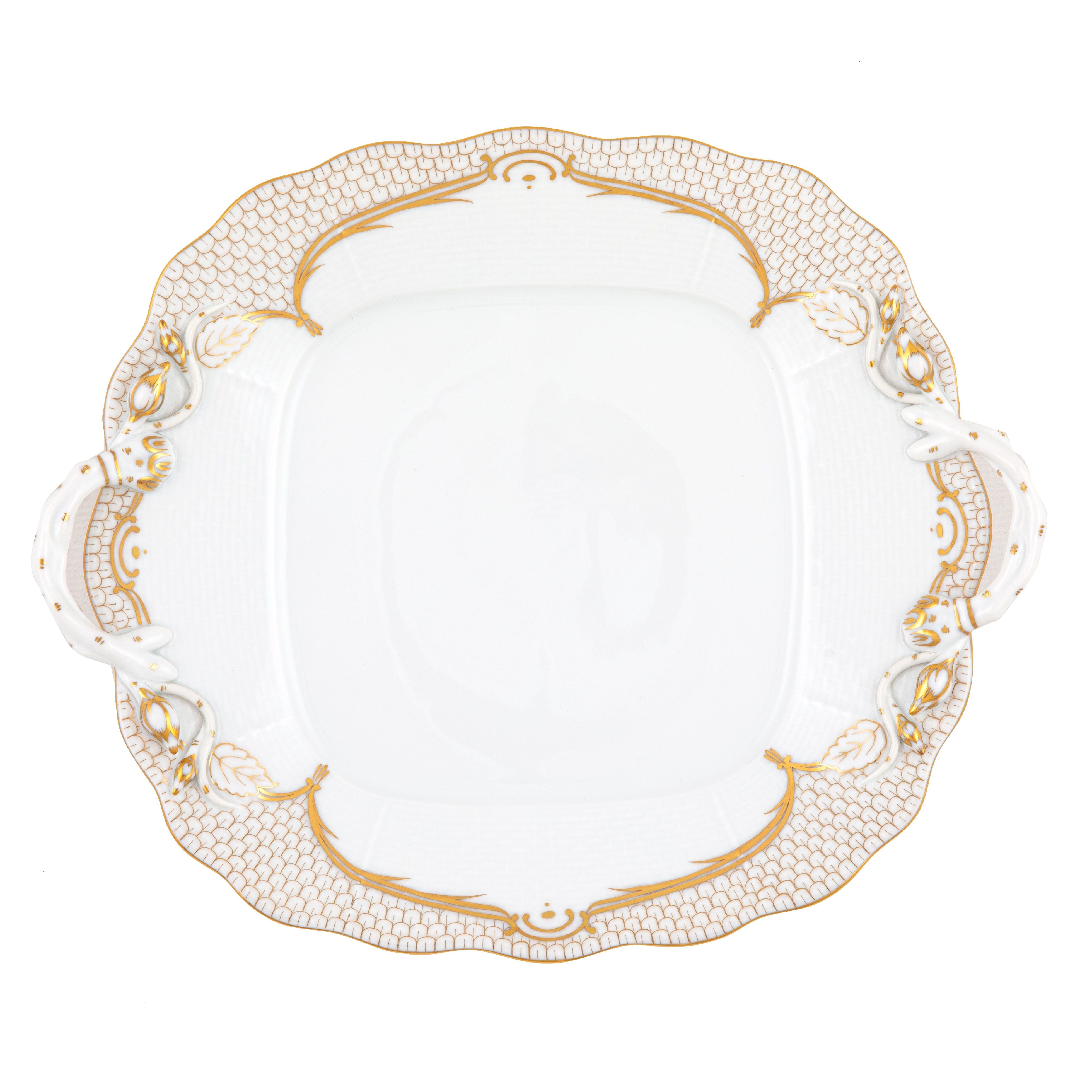 Golden Elegance Square Cake Plate with Handles
