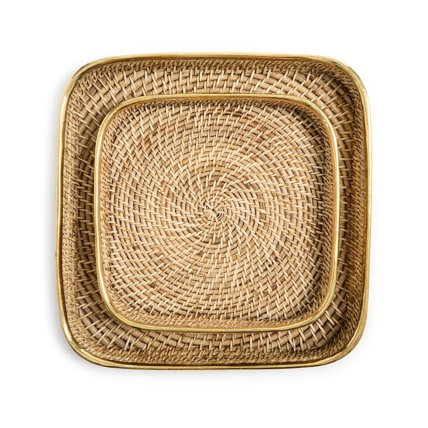 Rectangle Hand Woven Rattan Tray with Brass Rim Accent