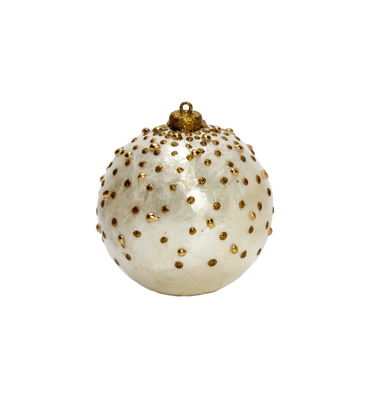 Gold and White Capiz Glittered Dotted Ball Ornament