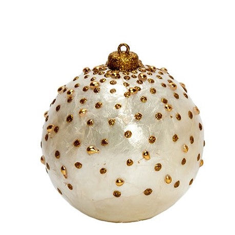 Gold and White Capiz Glittered Dotted Ball Ornament