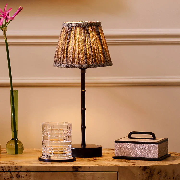 Bronze Bamboo Lamp Base with Red Stripe Lampshade