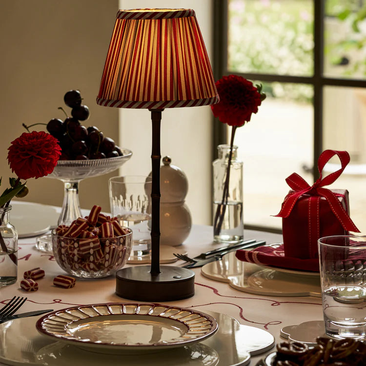 Bronze Bamboo Lamp Base with Red Stripe Lampshade