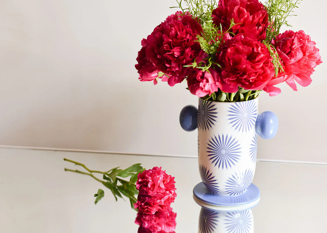 IRIS BLUE LARGE CYLINDER VASE WITH KNOB HANDLES