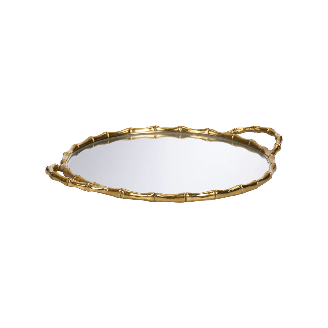 Gold-trimmed mirror tray on a white background