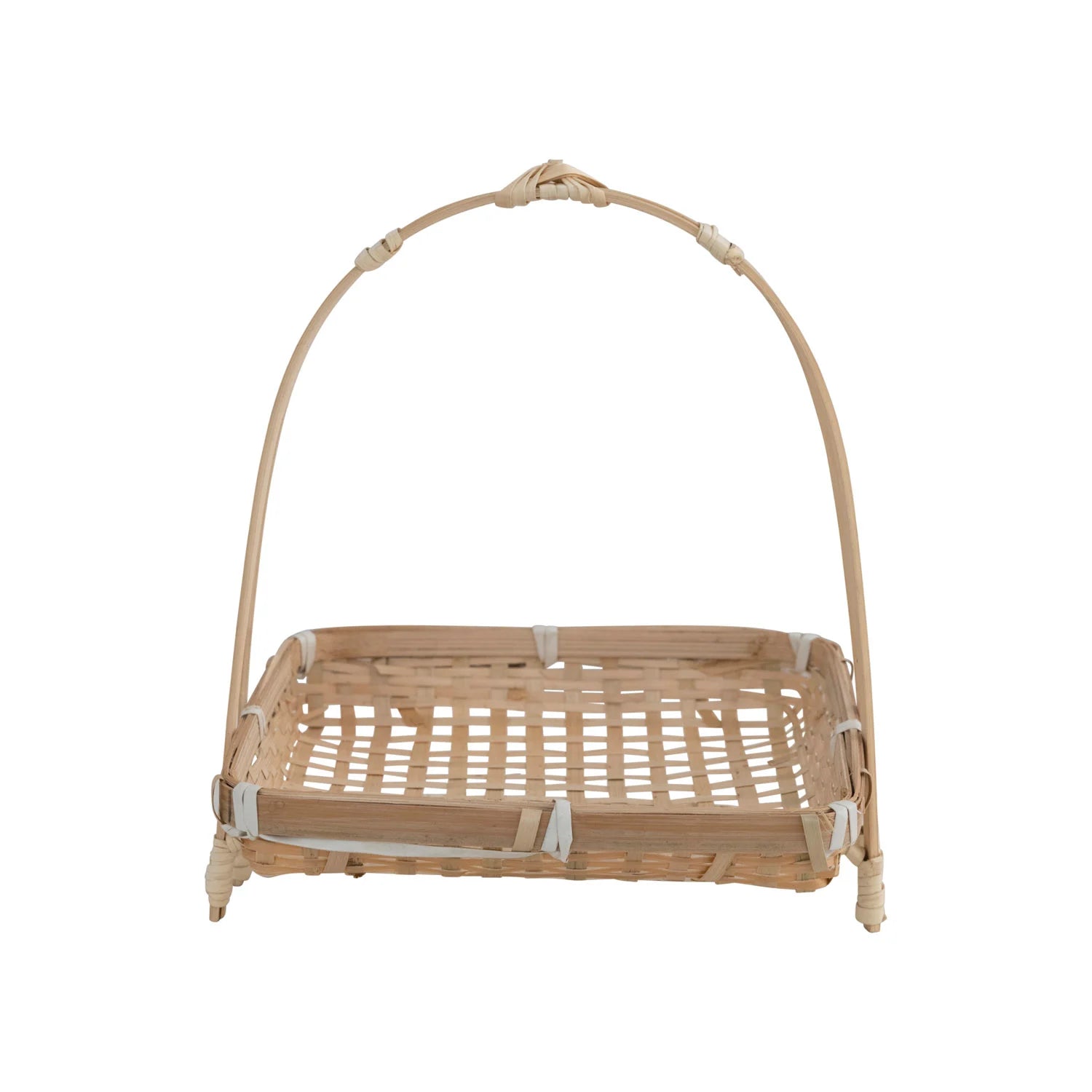Wicker basket with a handle on a white background