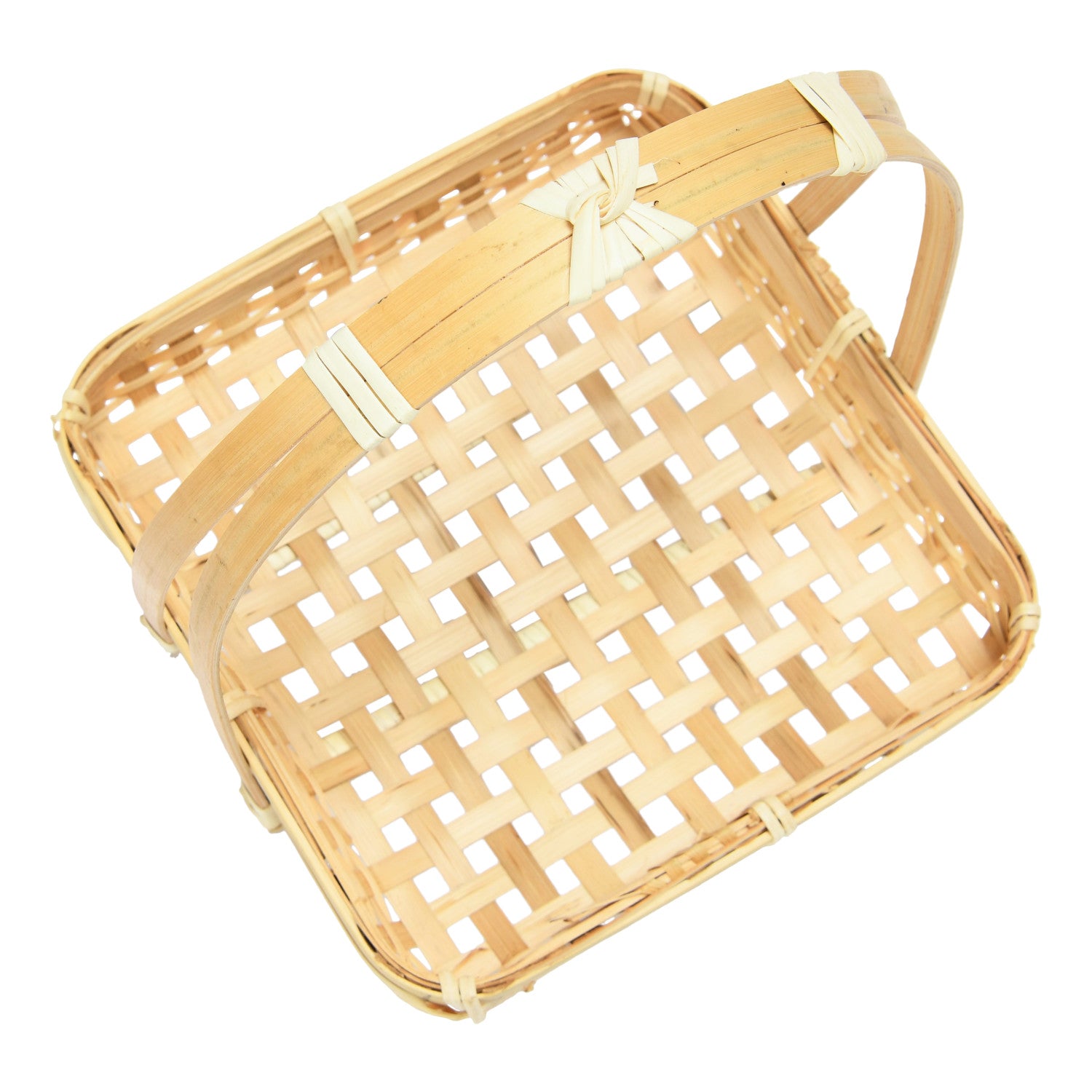 Woven basket with handles on a white background