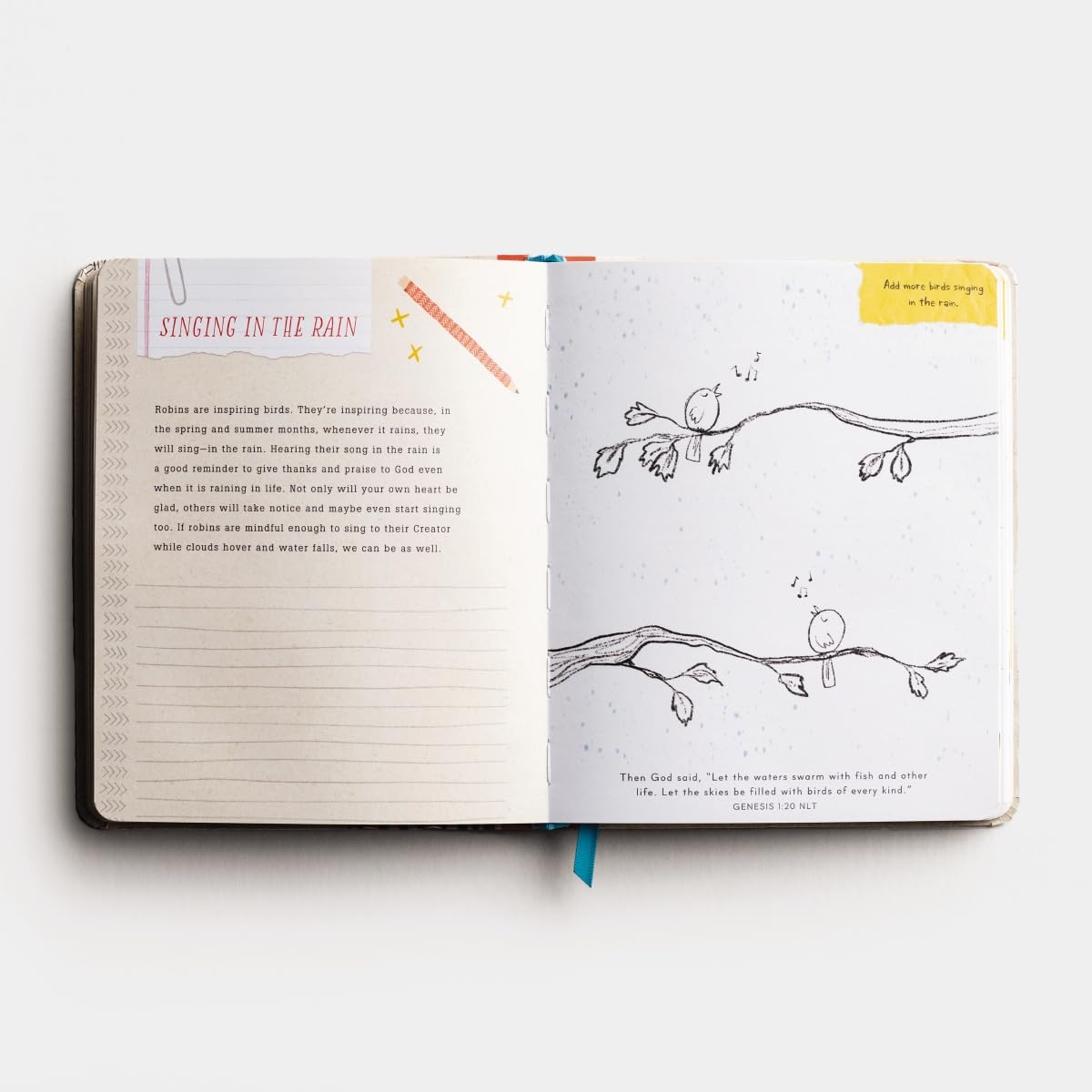 Open notebook with text and illustrations on a white background