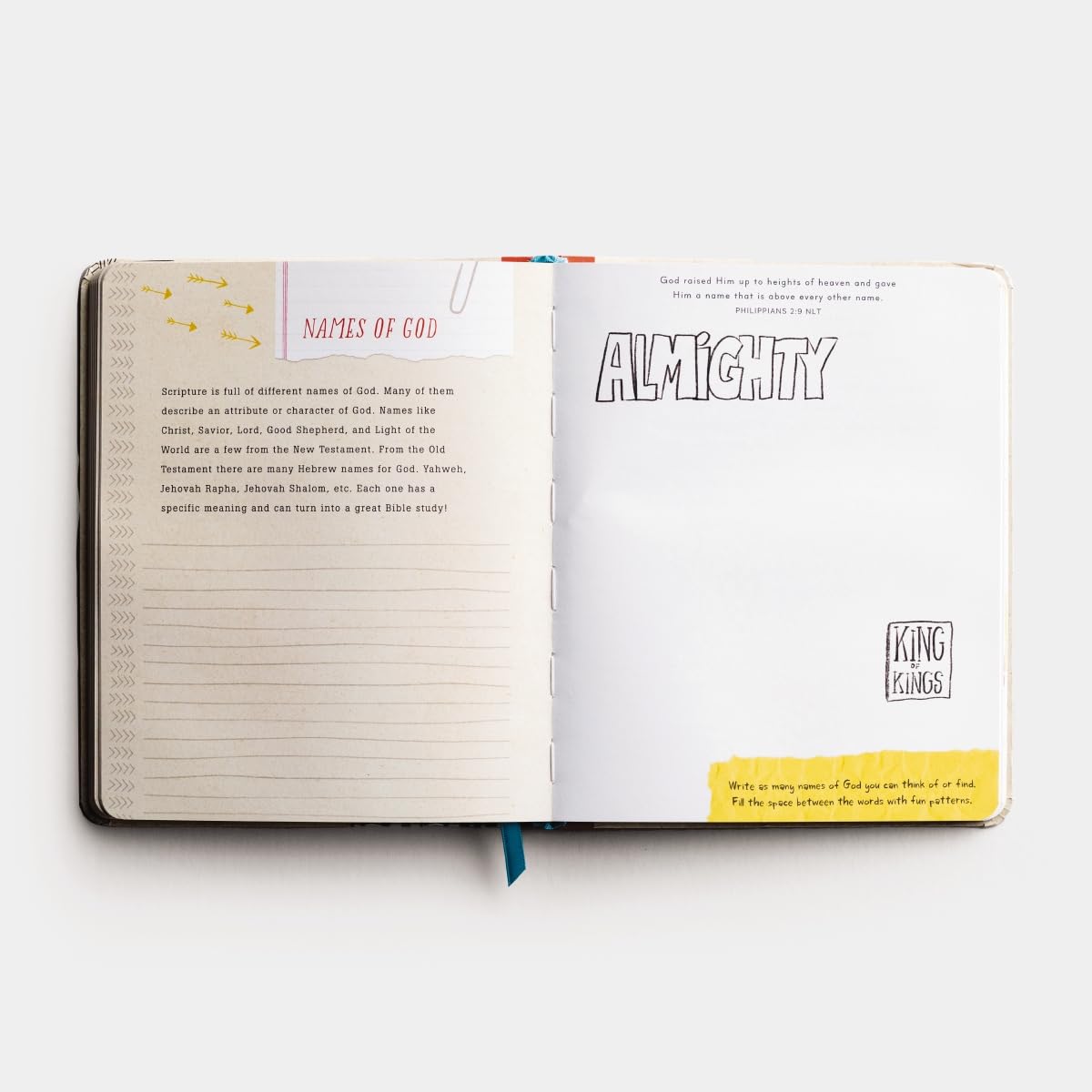 Open notebook with pages titled 'Names of God' and 'Almighty', on a white background.