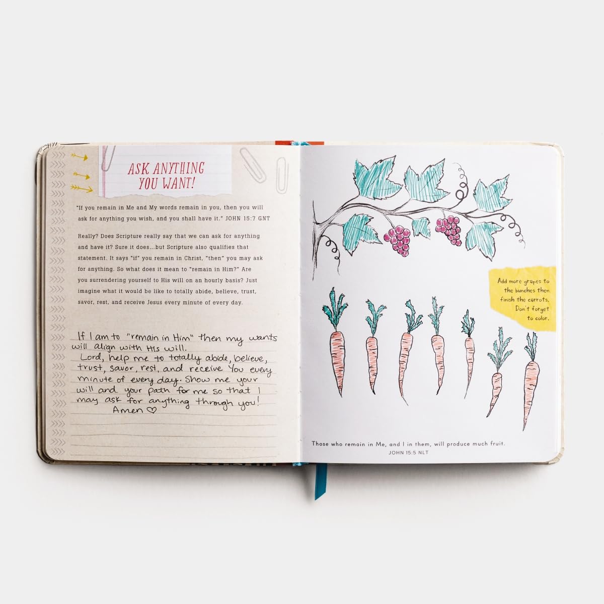 Open notebook with handwritten text and illustrations on a white background
