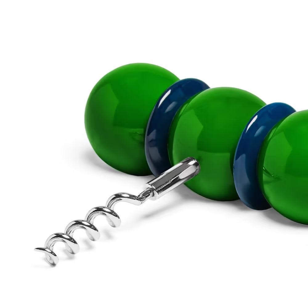 Corkscrew with green and blue accents on a white background