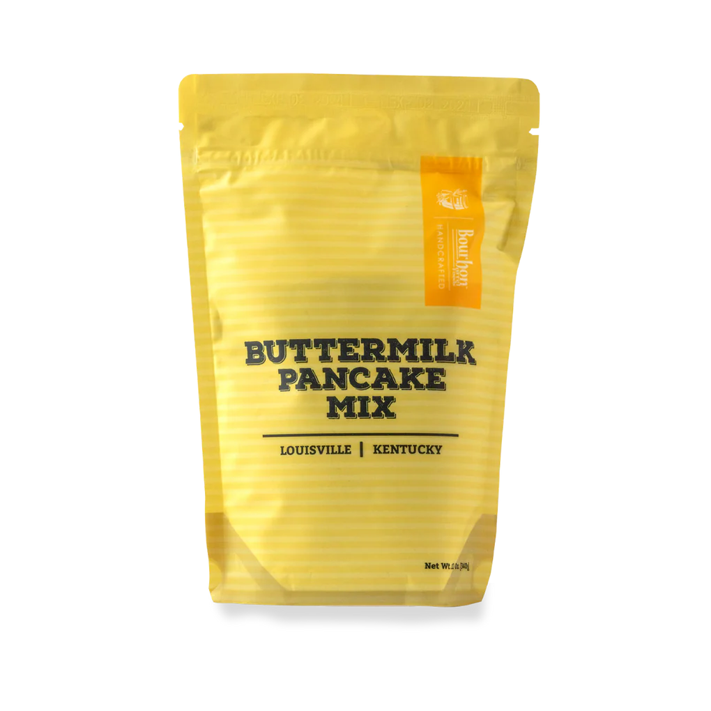 Yellow package of Buttermilk Pancake Mix from Louisville, Kentucky on a white background