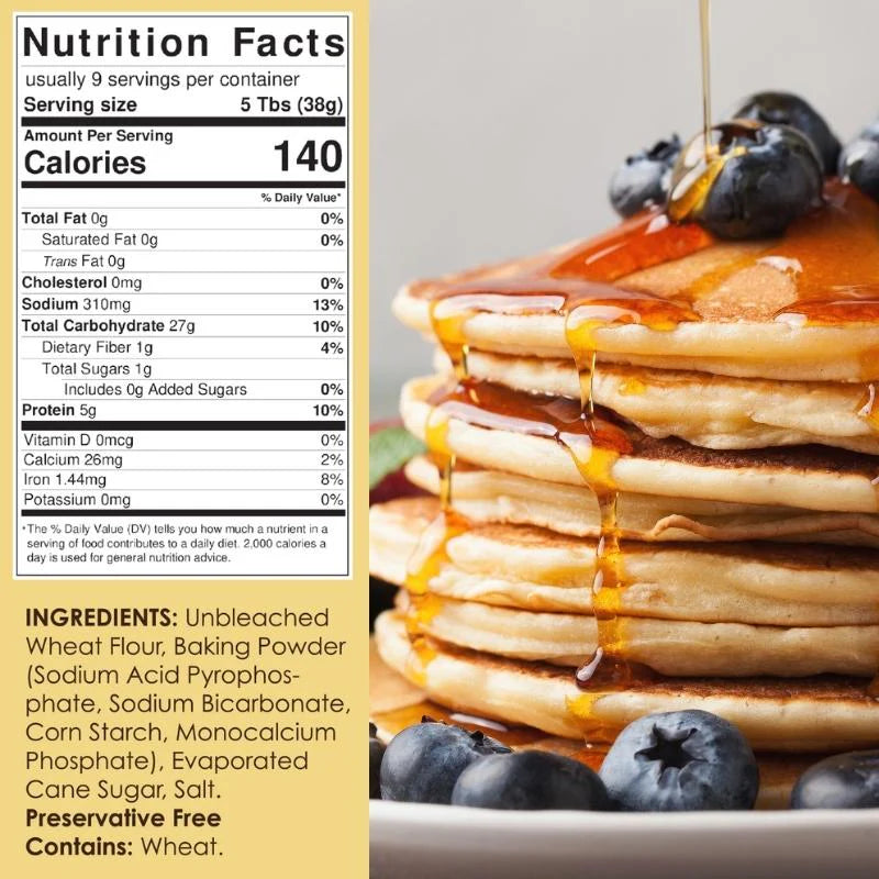 Stack of pancakes with syrup and blueberries next to nutrition facts label