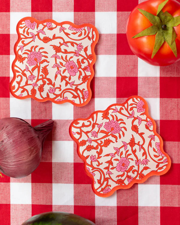 Red Poppy with Pink Border Thick Coaster