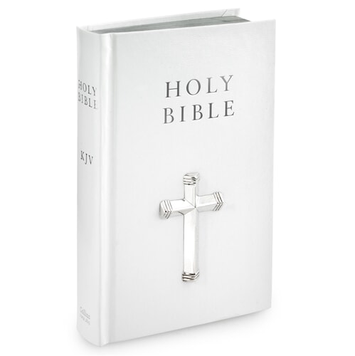 White Leather Holy Bible with Sterling Cross