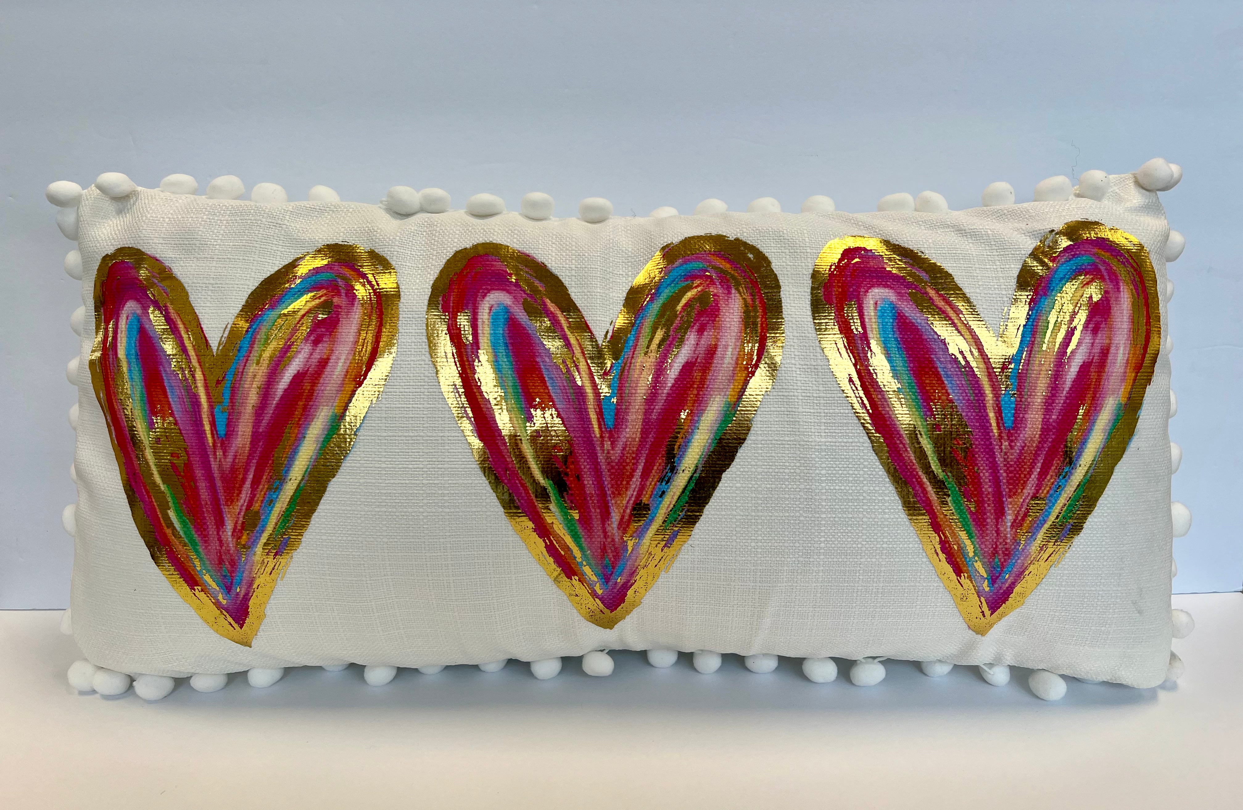 Colorful Golden Hearts Lumbar Pillow 12x24 with White Pom Poms