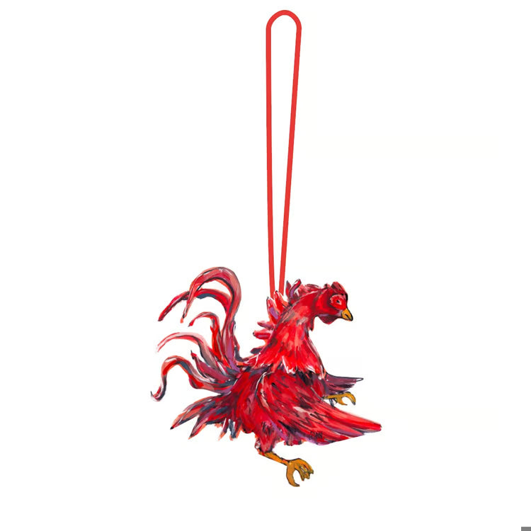 Red rooster-shaped ornament on a white background