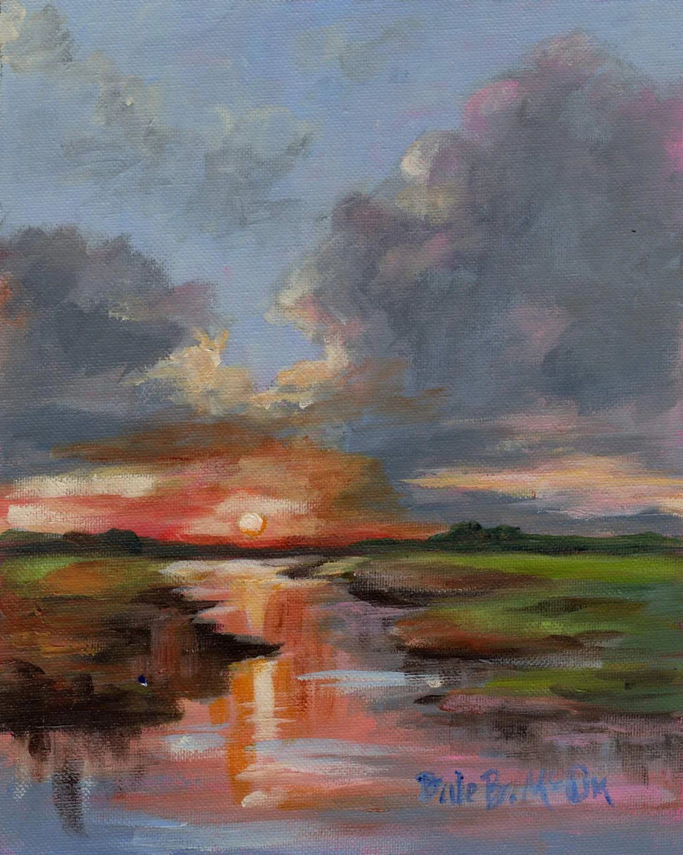 Painting of a sunset over water with colorful clouds and landscape.