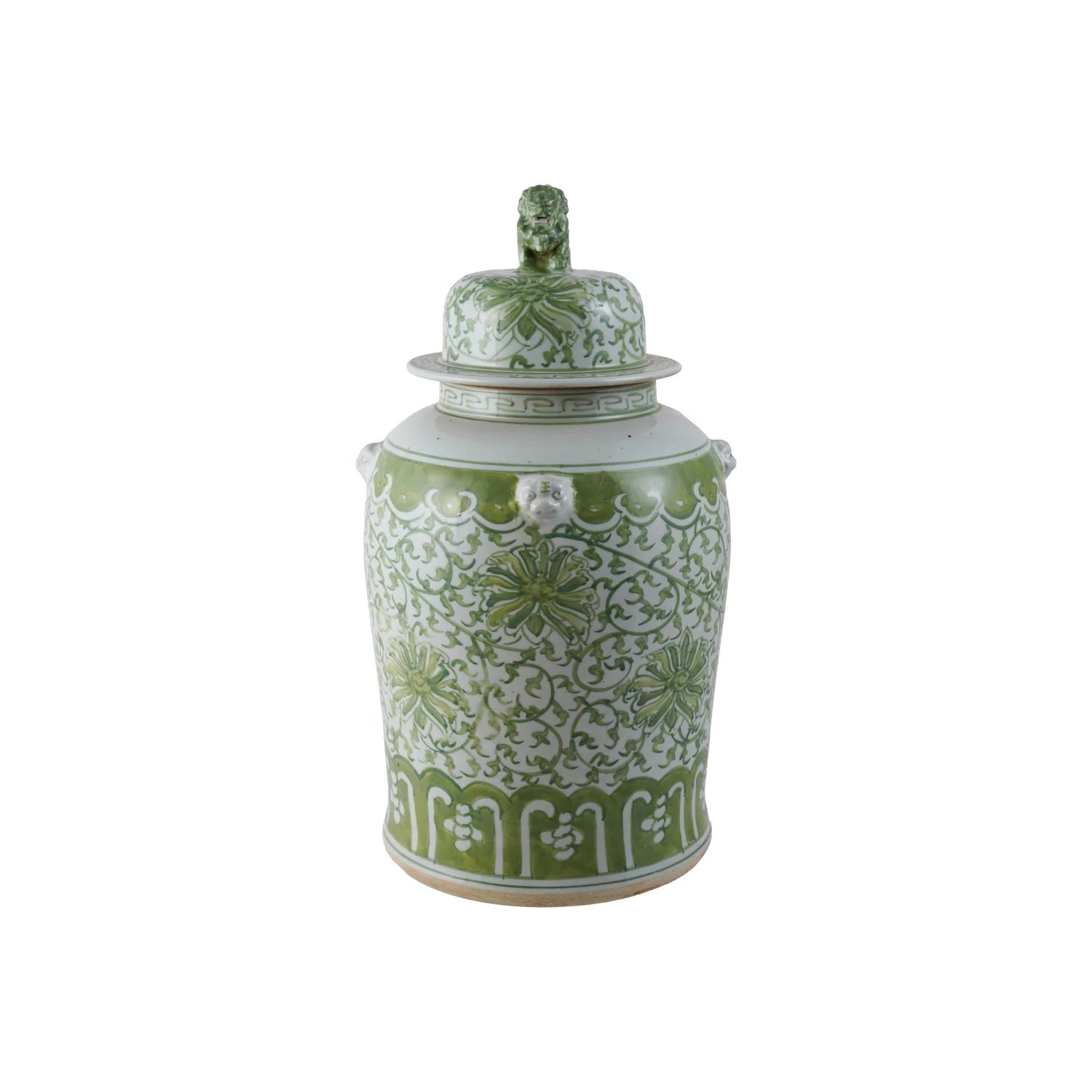 Green and white ceramic jar with lid on a white background