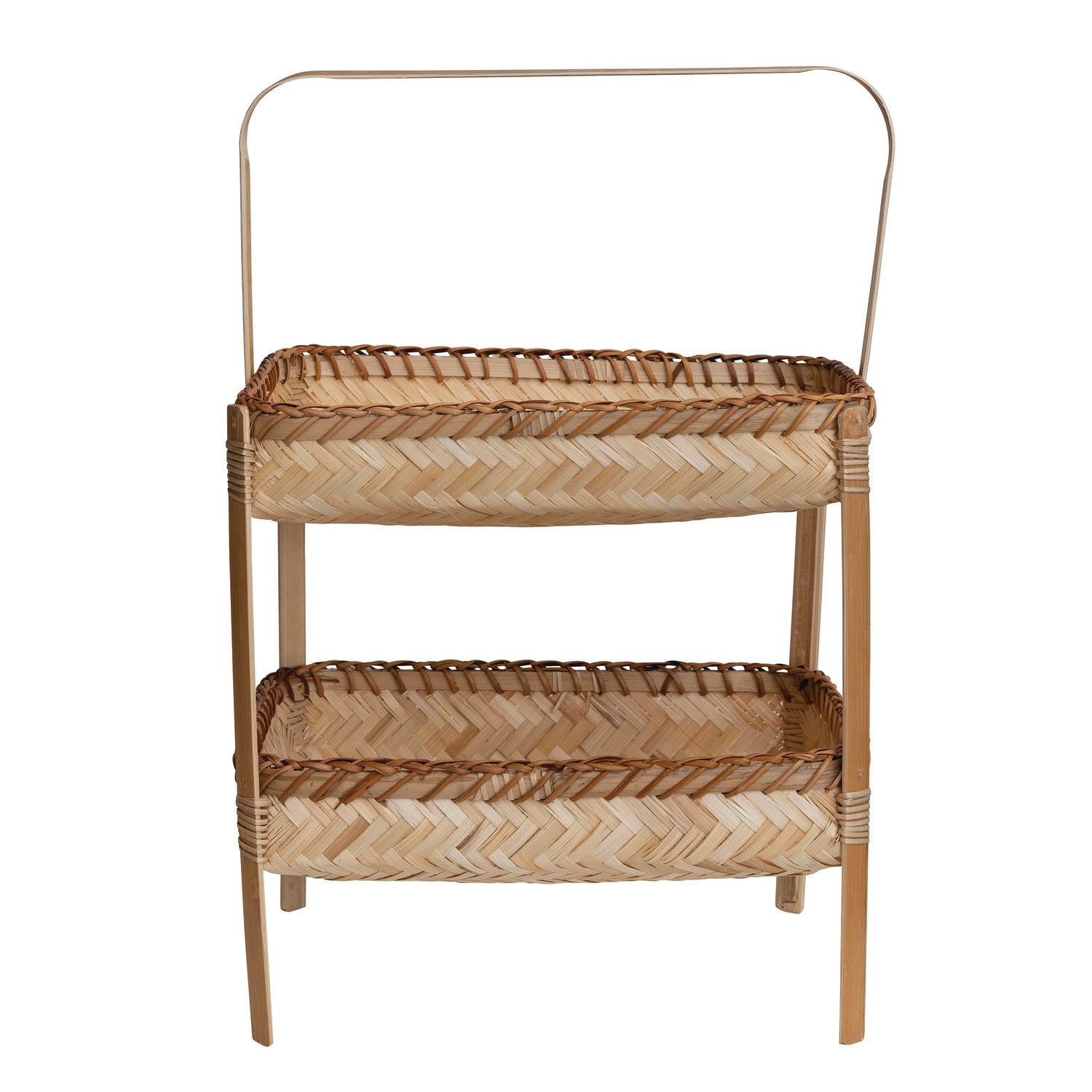 Two-tiered wicker basket with metal frame on a white background