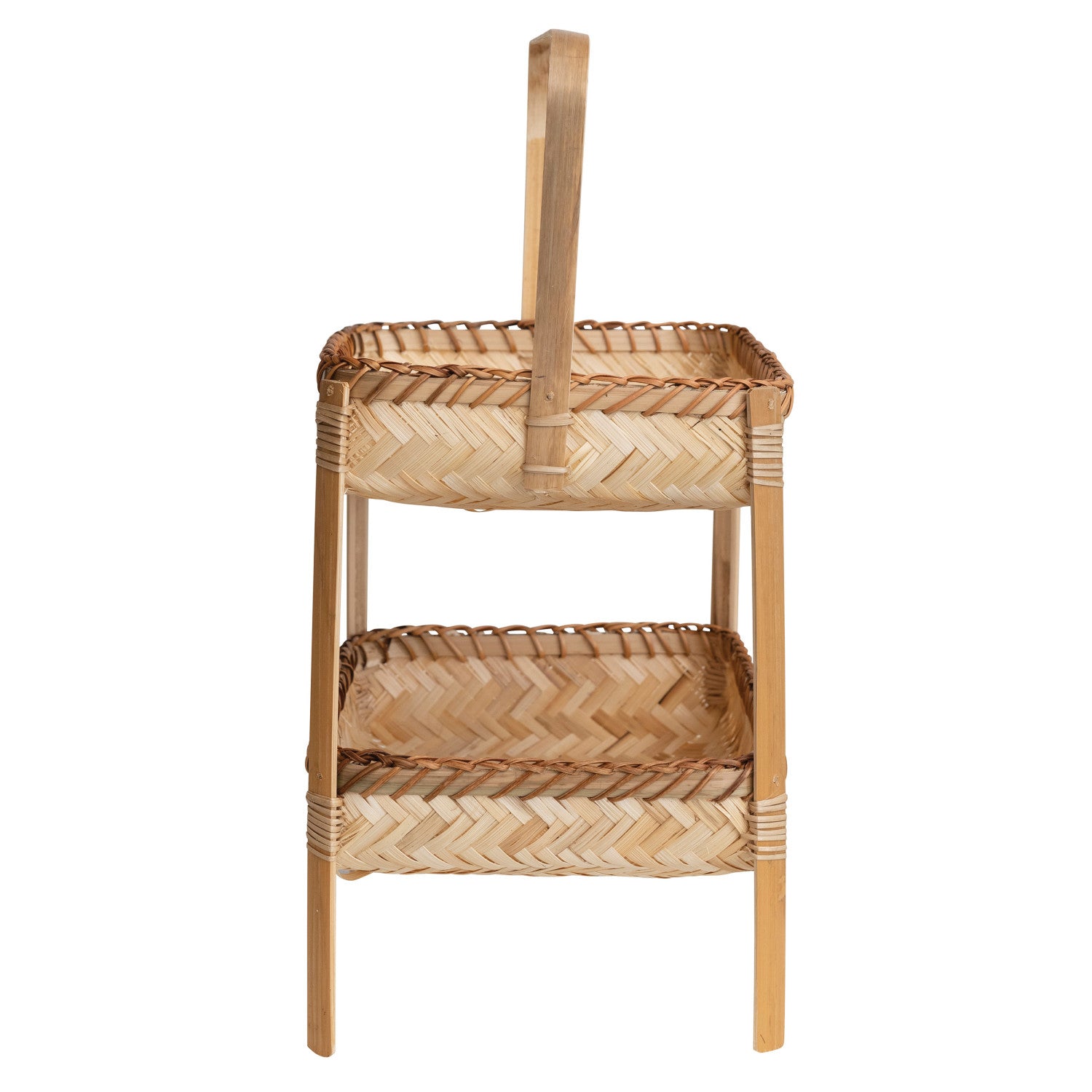 Two-tiered wicker basket with a handle on a white background