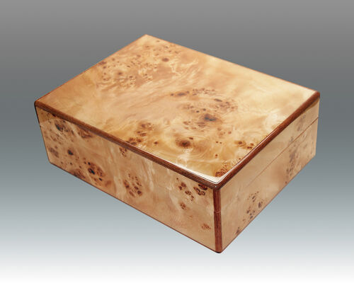 Wooden box with a burl pattern on a gradient gray background