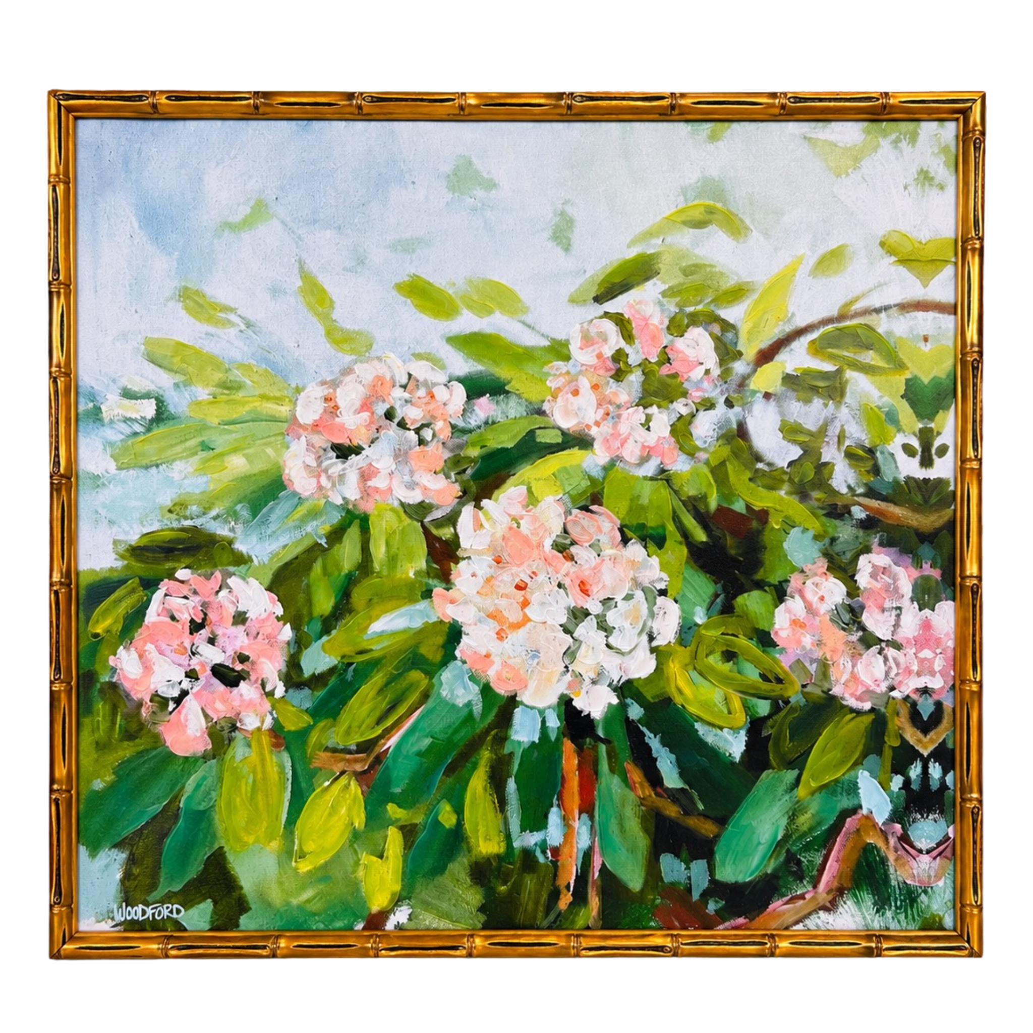Hydrangeas in Motion in Gold Bamboo Frame