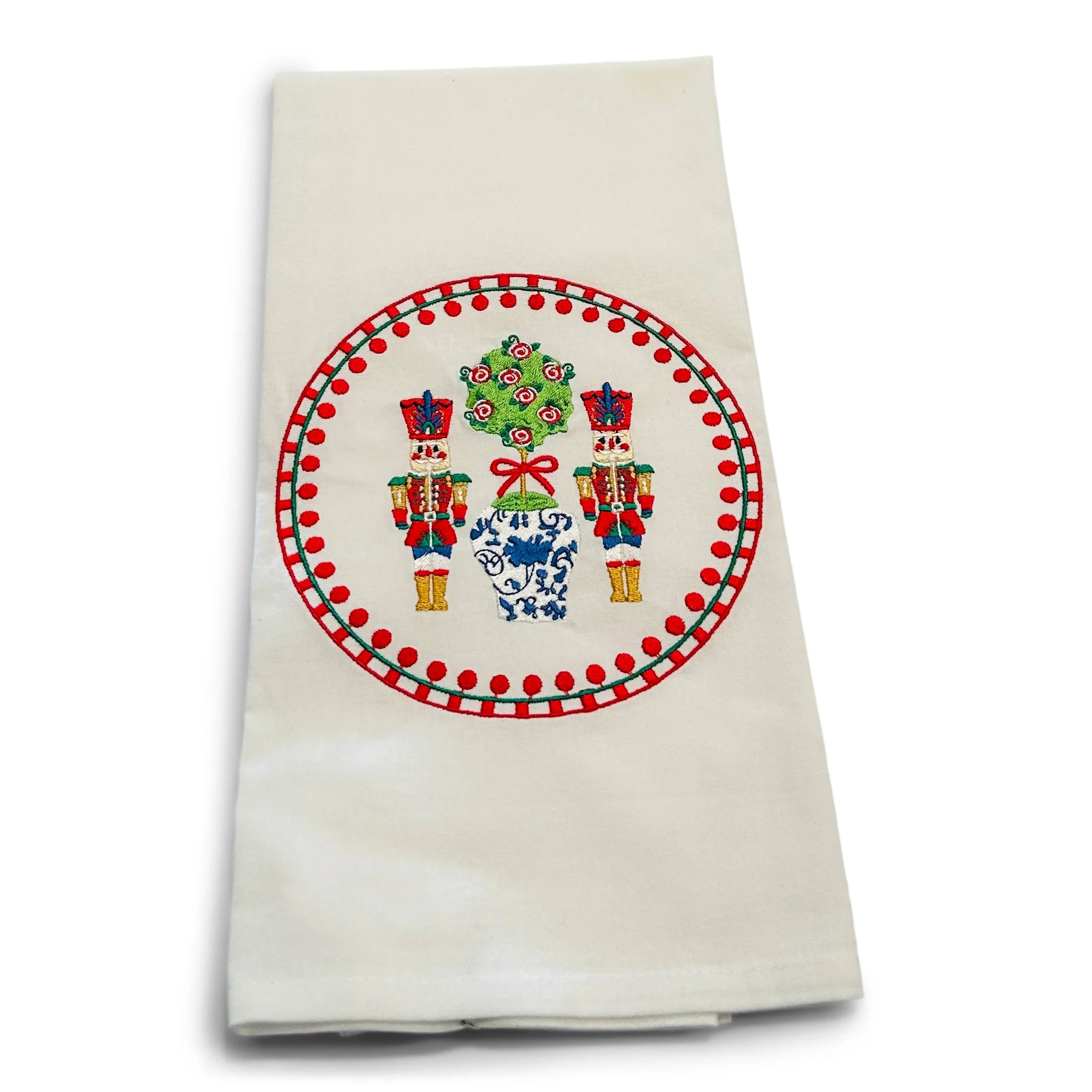 Nutcrackers in Pom-Pom Trim - Reds on White Towel